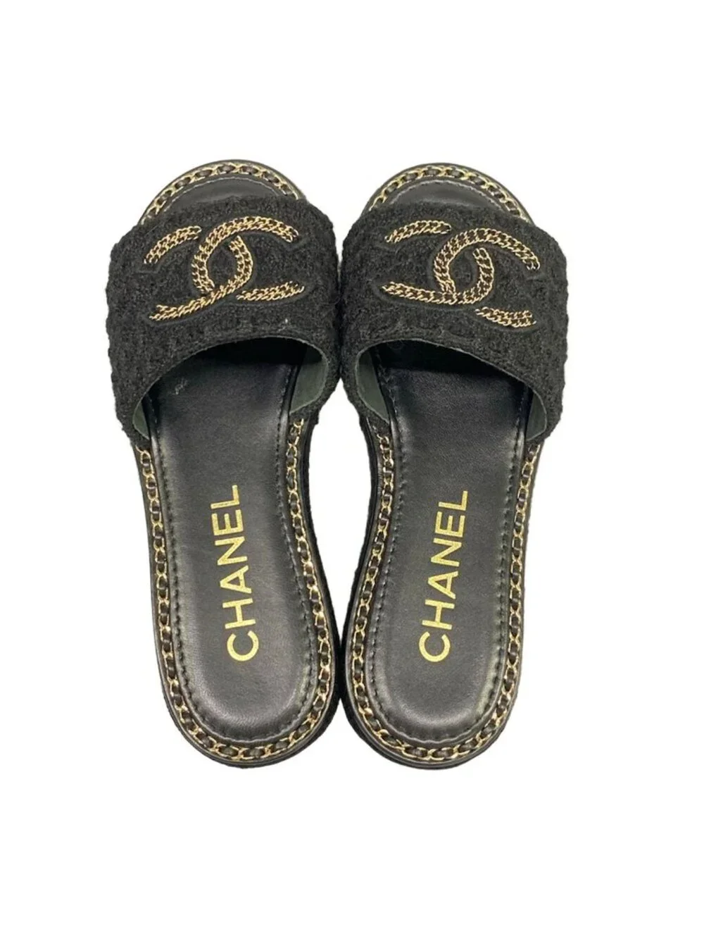 Chanel Sandals Black CC Logo Chain Wool Alpaca 35